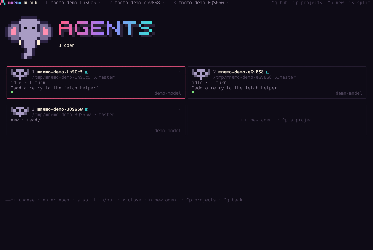 The hub: a card per agent with its status, its last prompt and a pixel per turn
