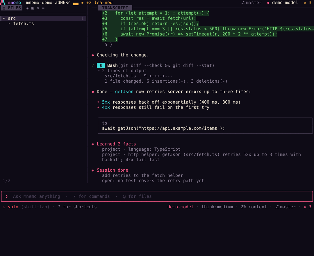 A single Mnemo agent: the transcript with thinking, tool calls and a diff drawn as pixels